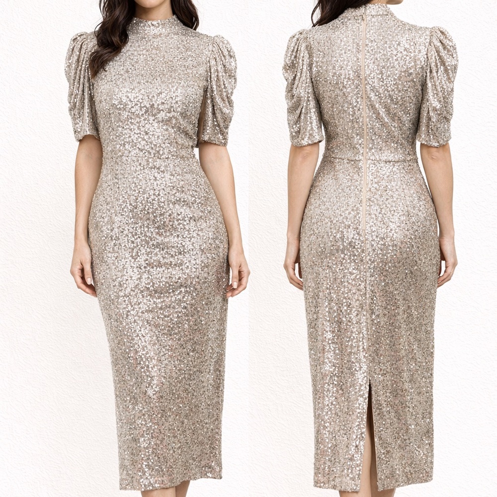 H&M Champagne Silver Sequin Puff Sleeve Midi Evening Dress XS